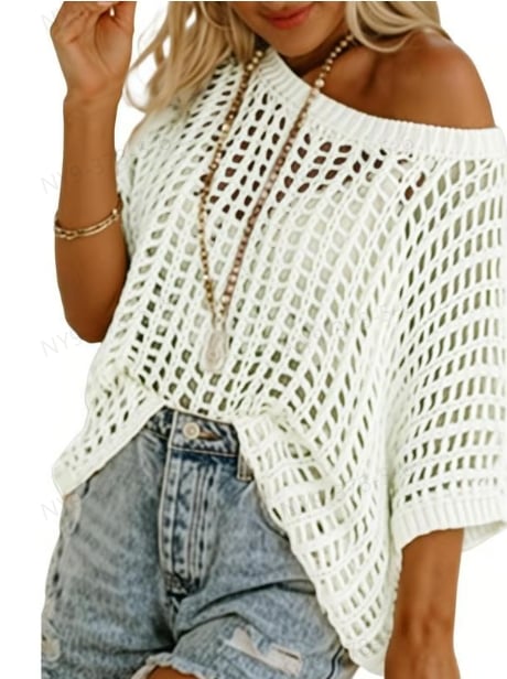 🎁2026 New Hot Sale- Womens Summer Scoop Neck Short Sleeve Sweater Casual Crochet Hollow Out Knit Tops Pullover Shirts Beach Coverup
