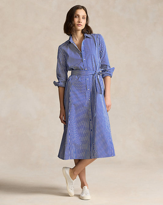 Belted Striped Cotton Shirtdress 1073b Bright Navy/ White