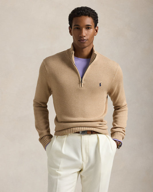 Cotton Quarter-Zip Jumper Camel Melange